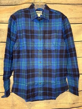 Amazon Essentials Blue Green Plaid Button-Down Flannel Shirt 100% Cotton NWT S